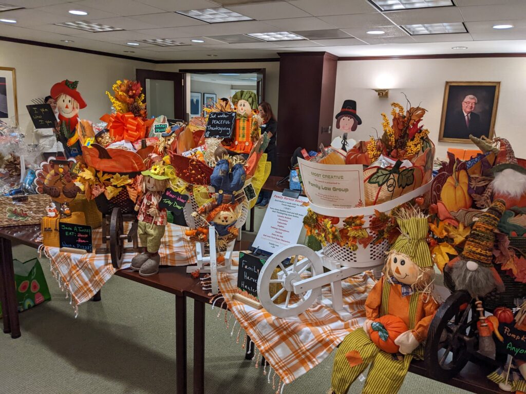 Room festively decorated for Thanksgiving.